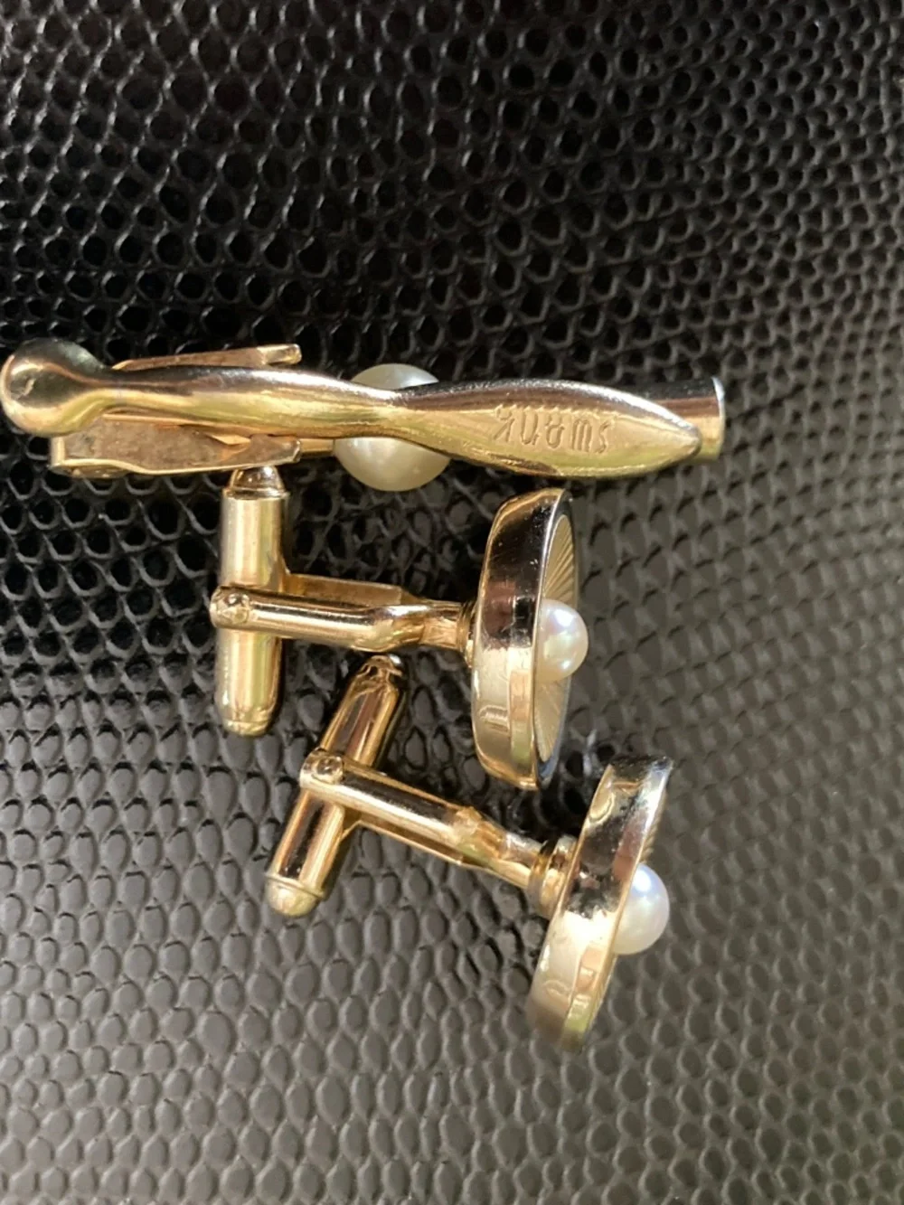 Vintage Anson Gold Tone Pearl  Anson Cufflinks & Swank Tie Bar Dress Set